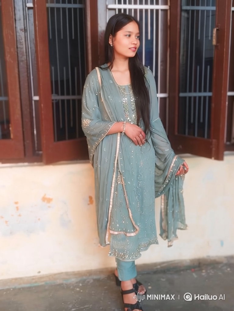 Young Woman in Blue-Green Dress Walking Gracefully Towards Camera