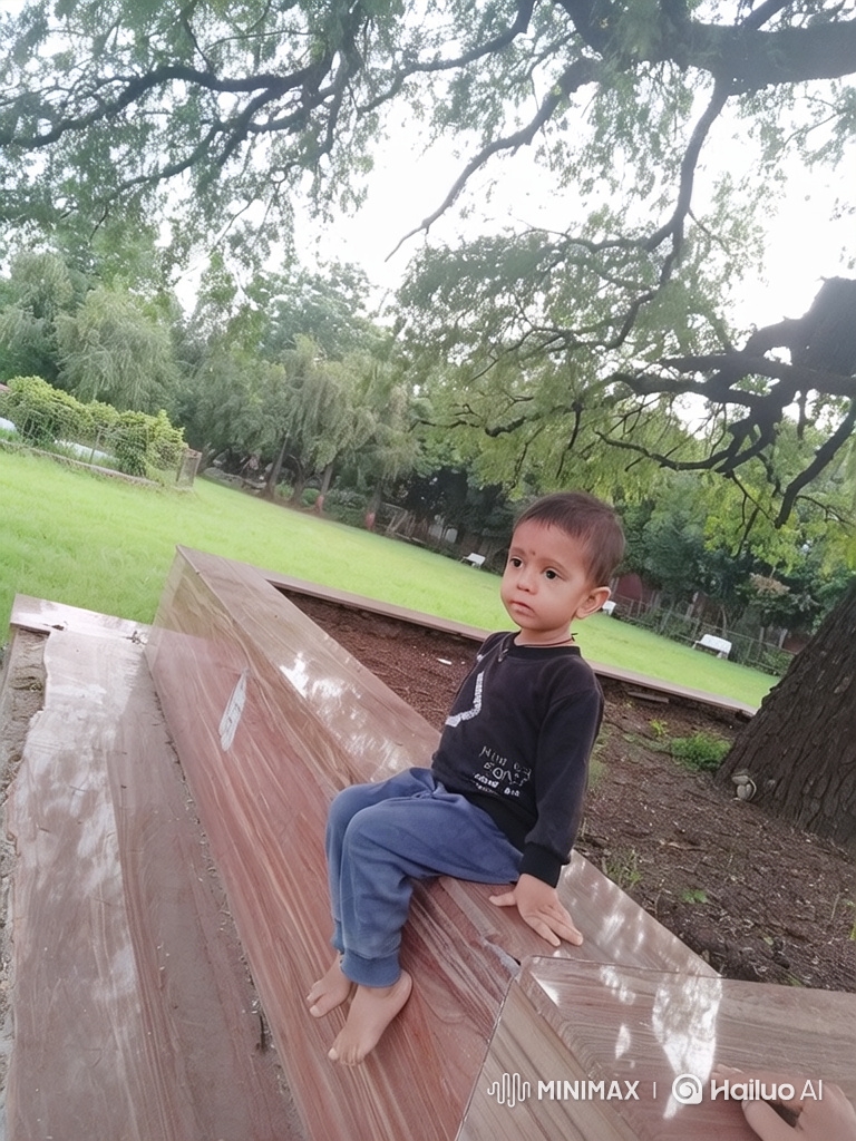 Boy Reflecting on Stone Structure in Vintage Park Scene