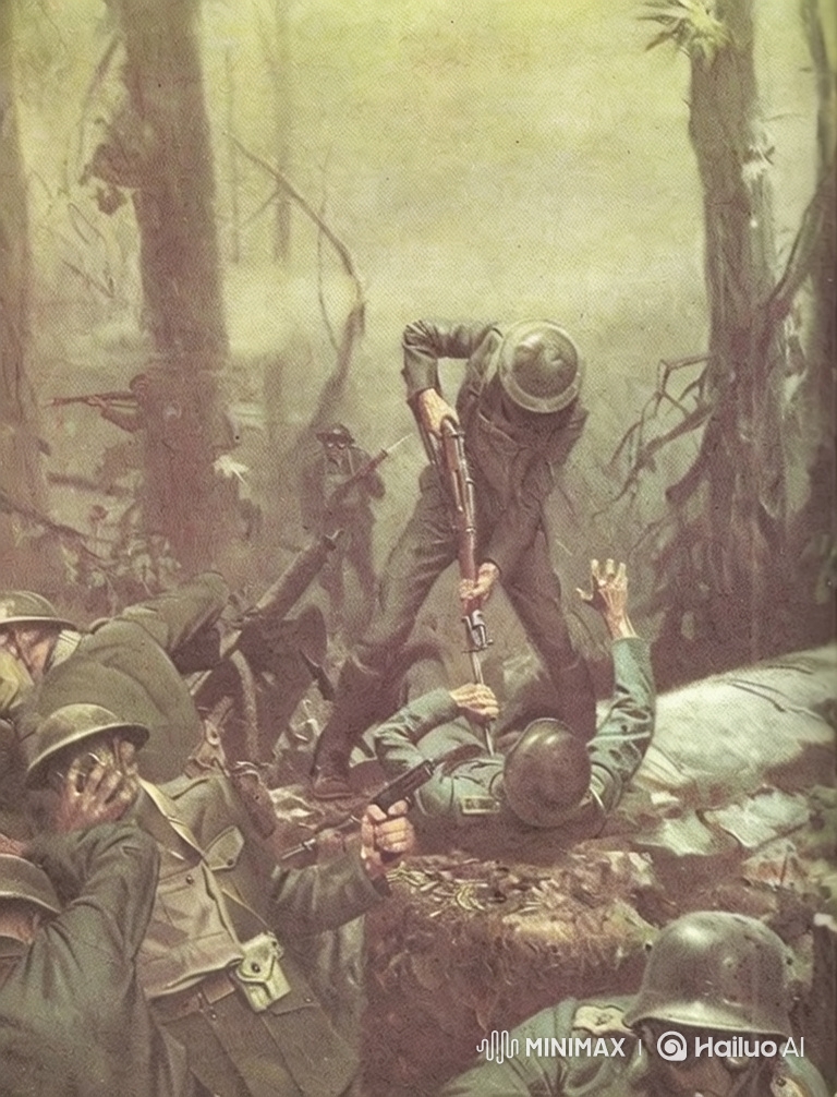 Intense Forest Battle with American Marine's Victory Over German Soldier