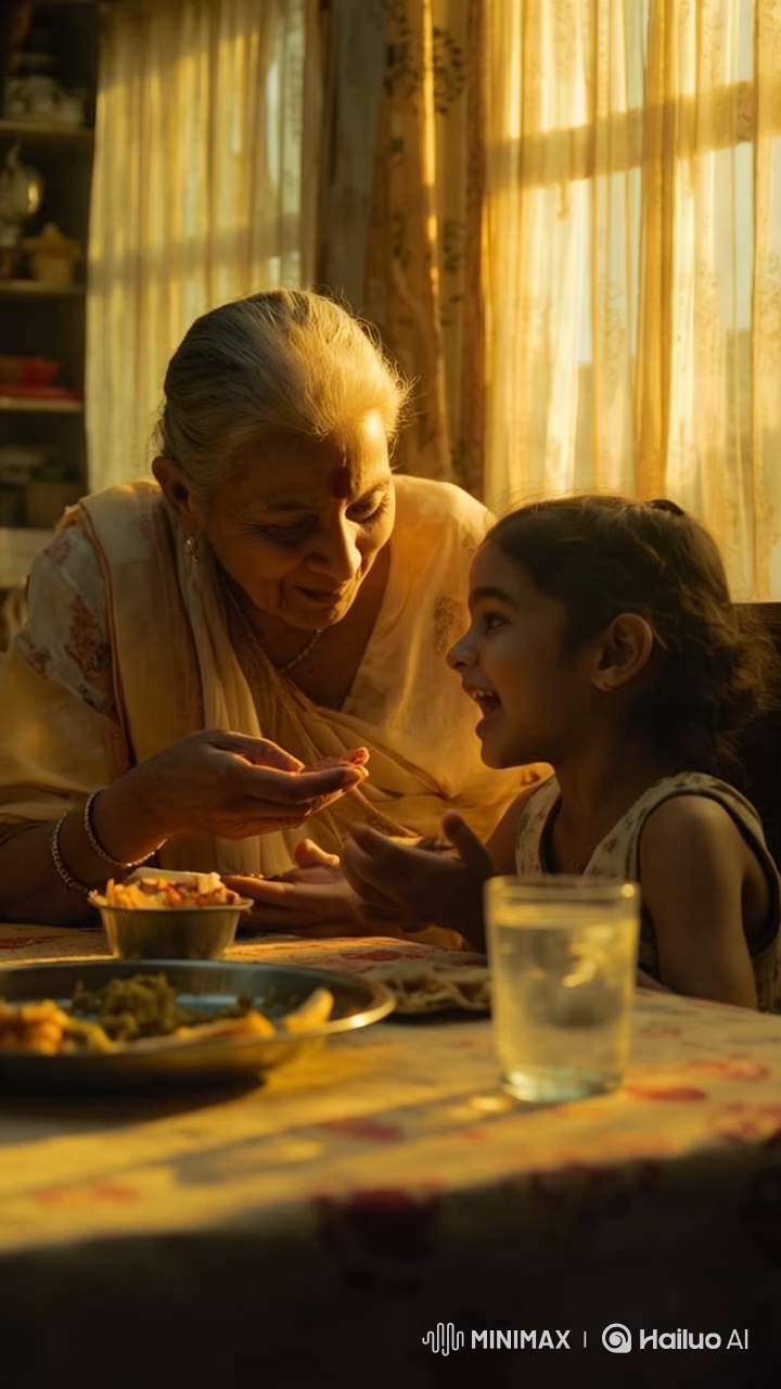 Generational Bond in a Sunlit Indian Dining Room