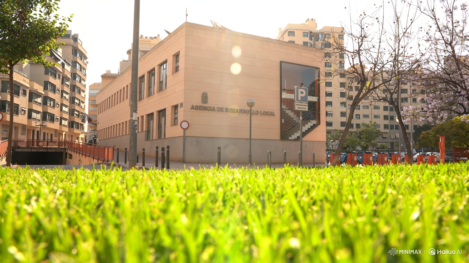Aerial Drone's Rise Reveals Modern Architecture at Golden Hour