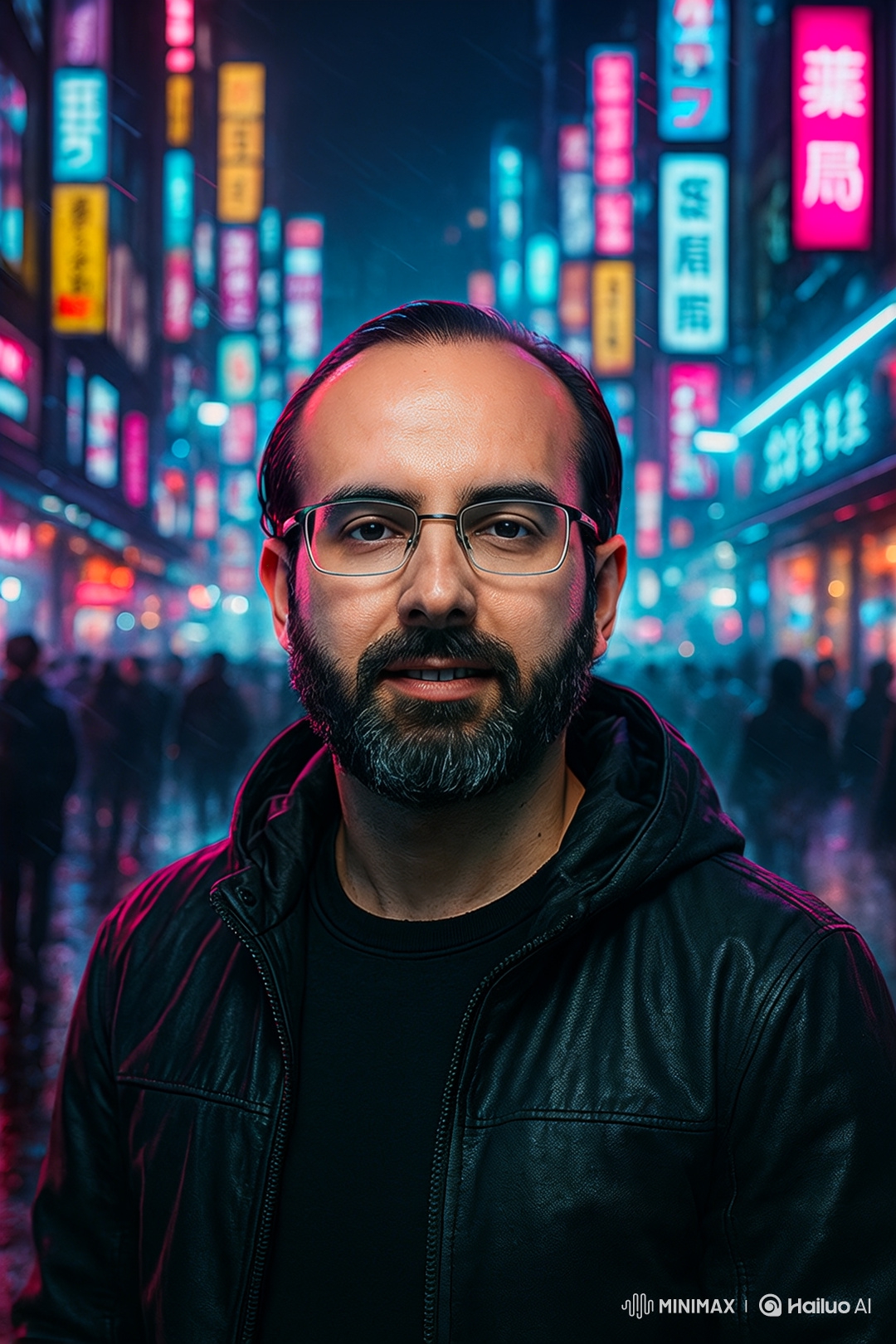 Man in Leather Jacket Amidst Neon Night Cityscape