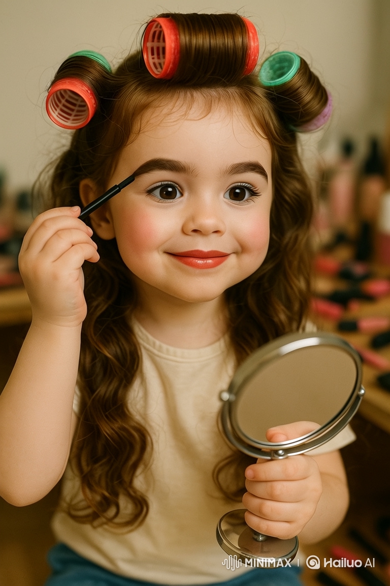 Little Girl Mimics Makeup with Playful Confidence