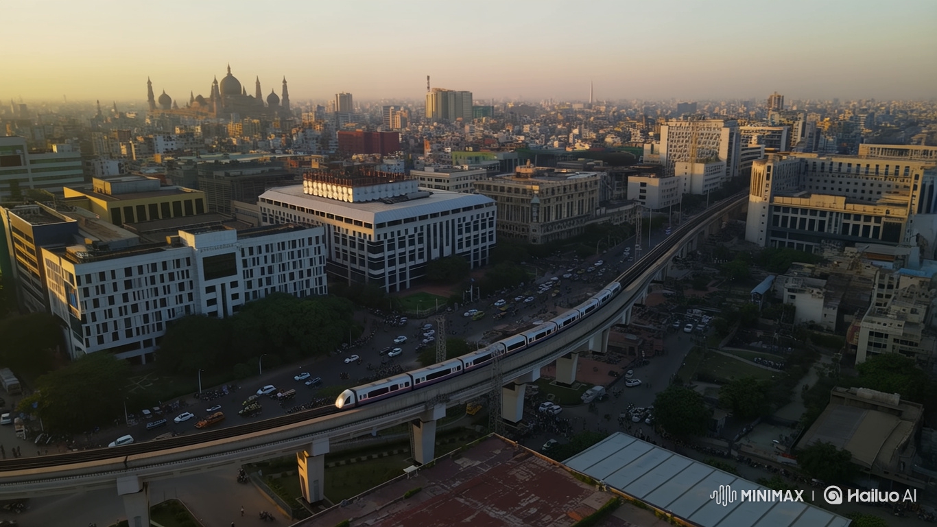 Dhaka's Golden Hour: Metro Rail Aerial Panorama