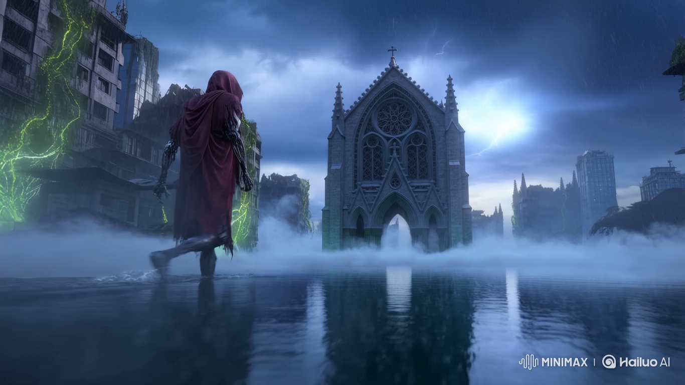 Cybernetic Monk Discovers AI Core in Flooded Cityscape