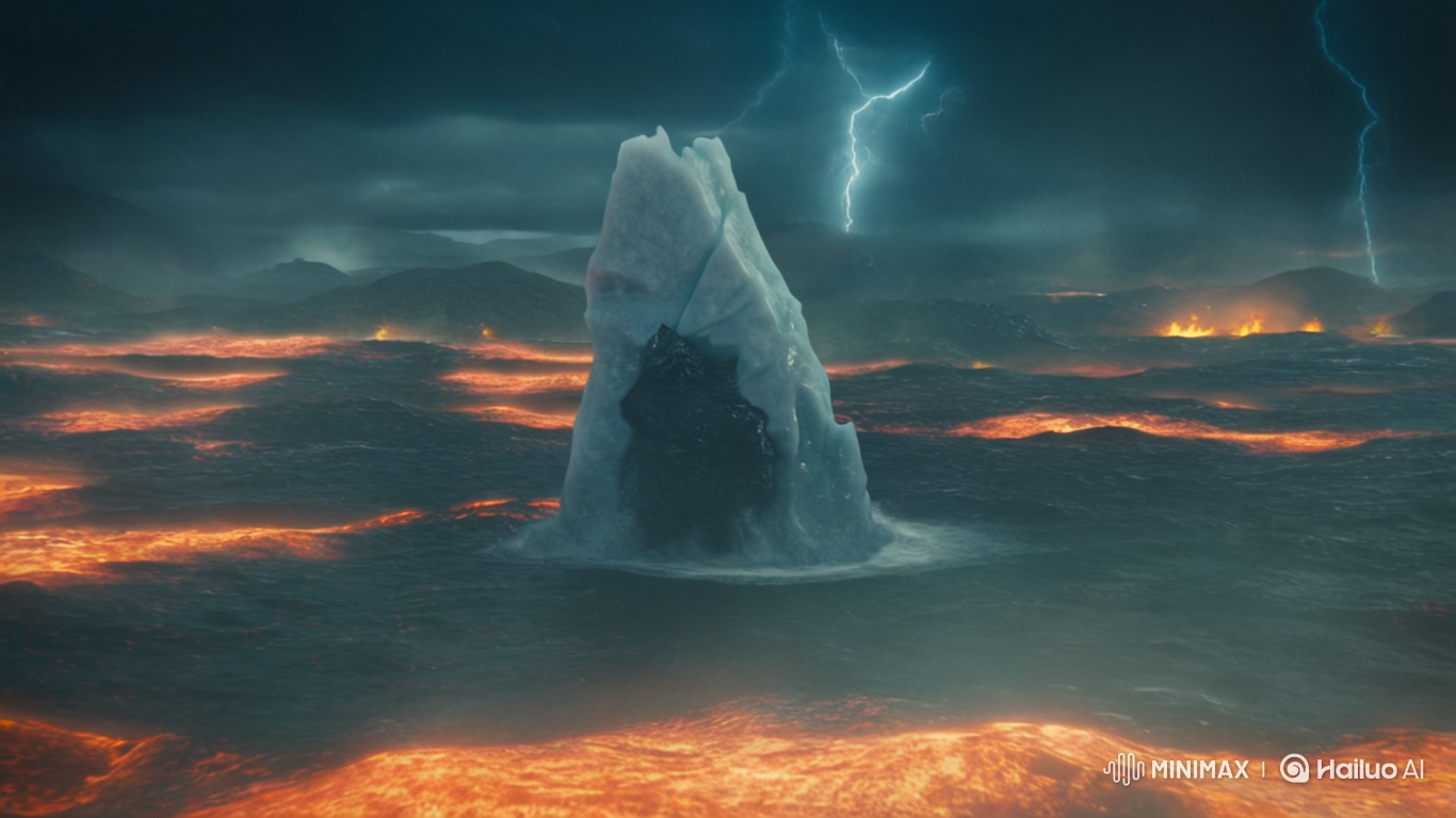Stone Monster Emerges from Lava-Sea Iceberg Amid Lightning Storm