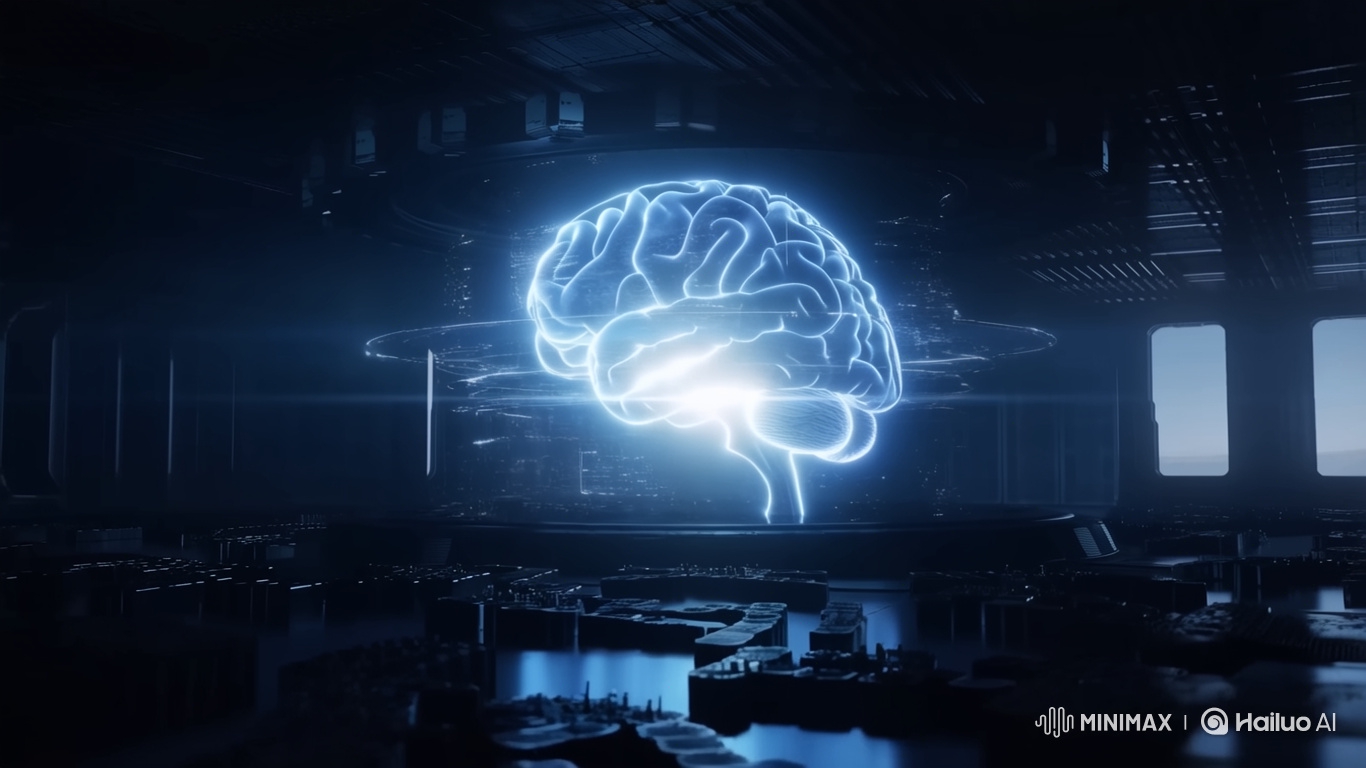 Giant Glowing Holographic Brain in Dark Server Room