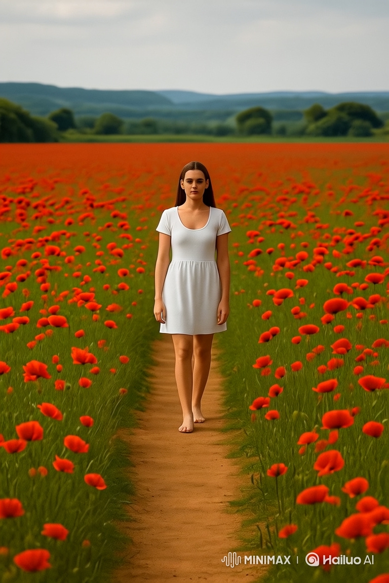 Young Woman Walks Through Poppy Field in White Dress