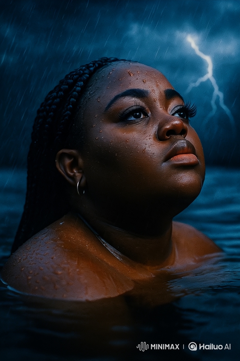 Portrait of a Woman in Peaceful Resilience Amidst a Storm