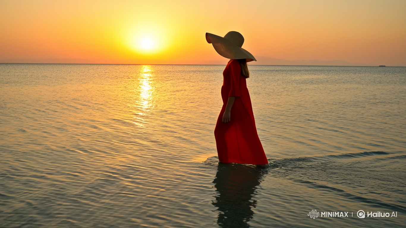 Girl in Red Dress Walks on Sunset-Reflected Sea