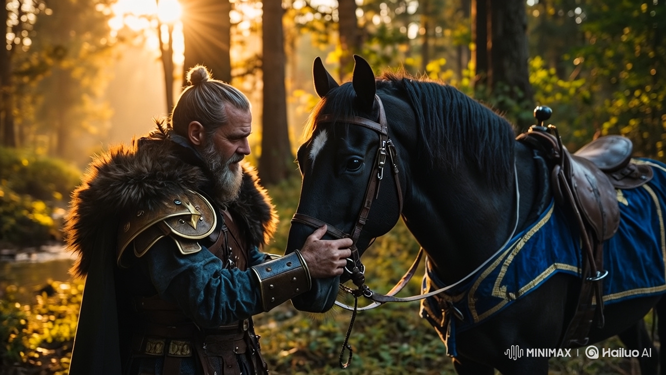 Warrior and Horse Bonding in Slow-Motion Cinematic Scene