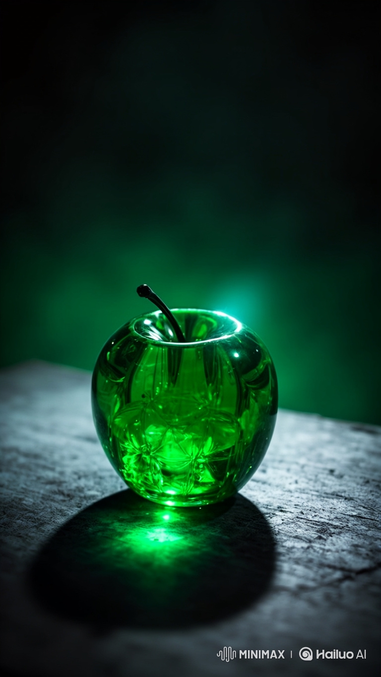 4K Slow Motion of Obsidian Knife Slicing Glowing Emerald Glass Apple