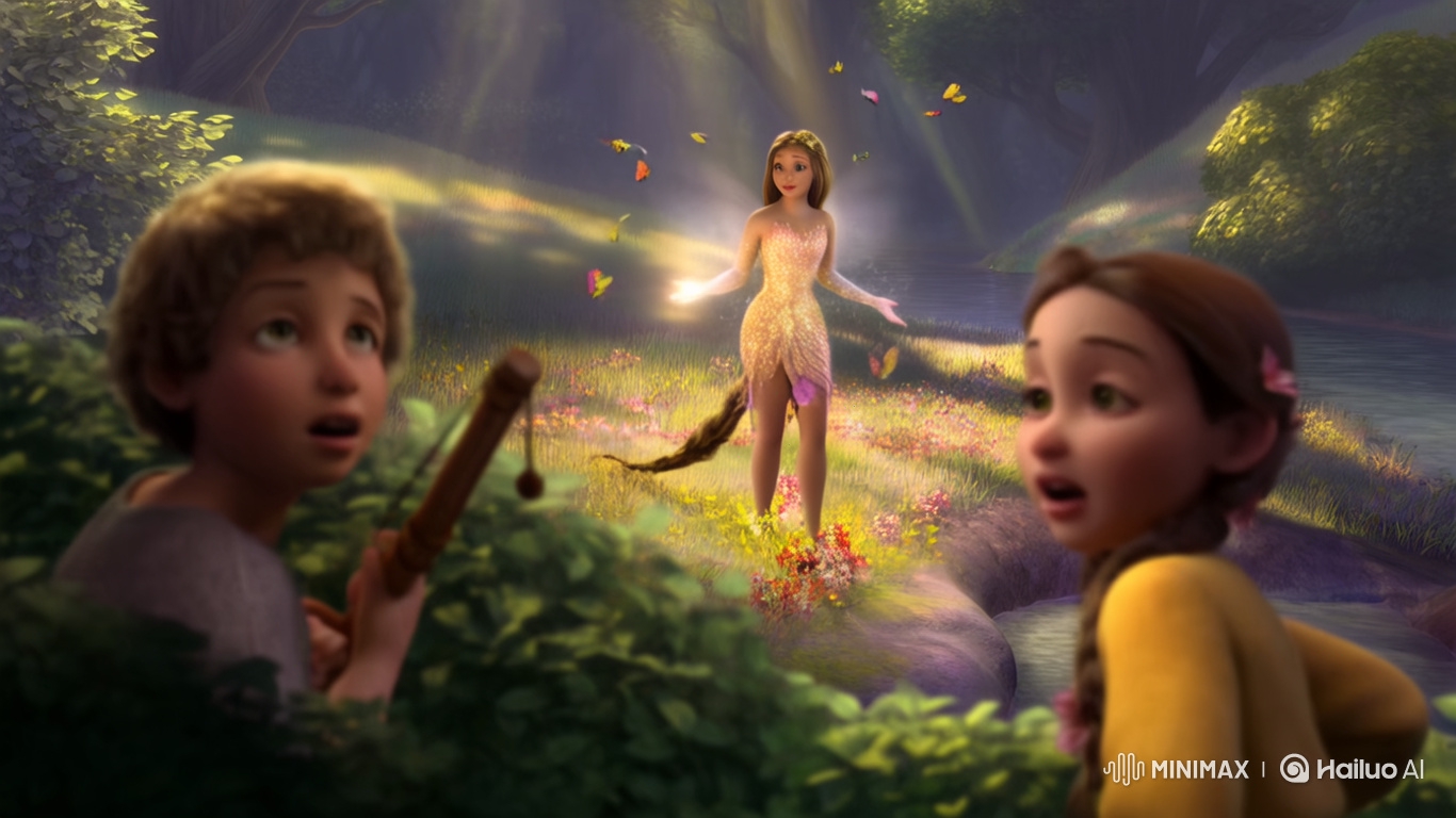 Children Encounter a Glowing Fairy in a Meadow