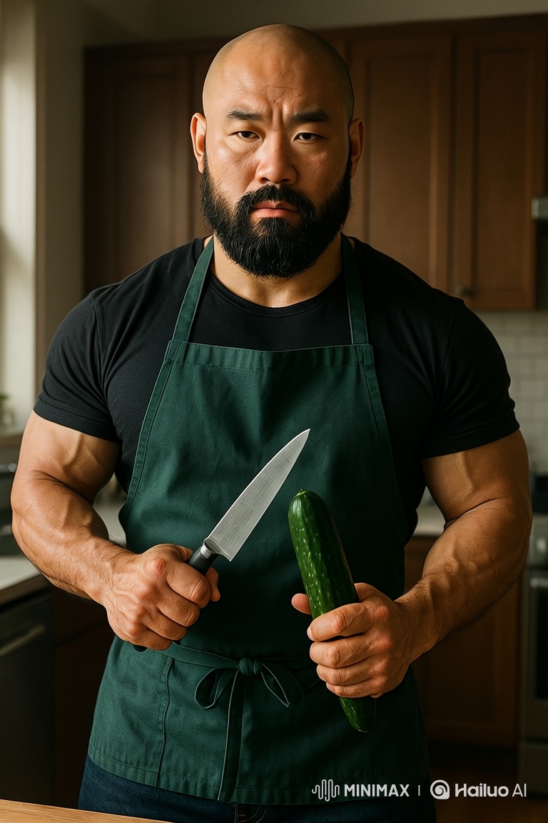 Focused Chef Cucumbers Julienne in Gentle Kitchen