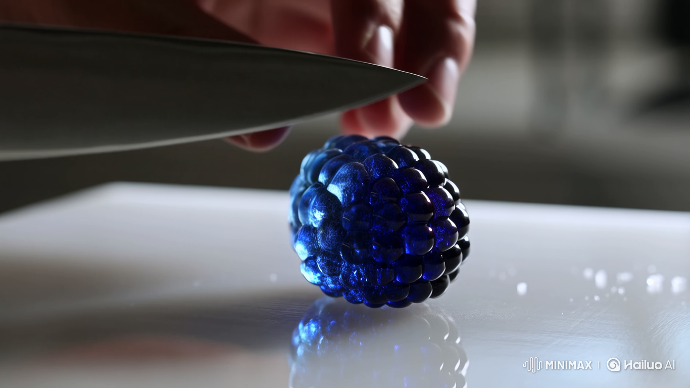 Ultra-Slow-Motion Slice of Glowing Glass Raspberry