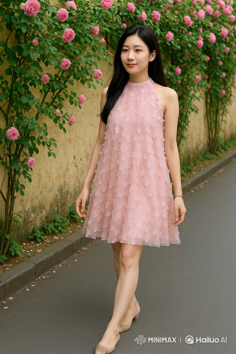 Graceful Woman in Pink Dress on a Quiet Street