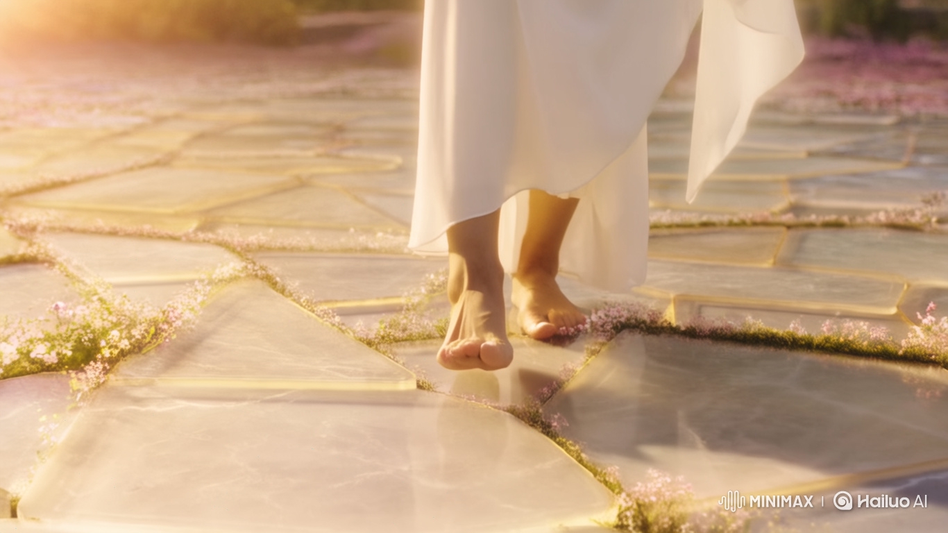 Woman in White Dress Awakens Blooming Flowers with Bare Feet