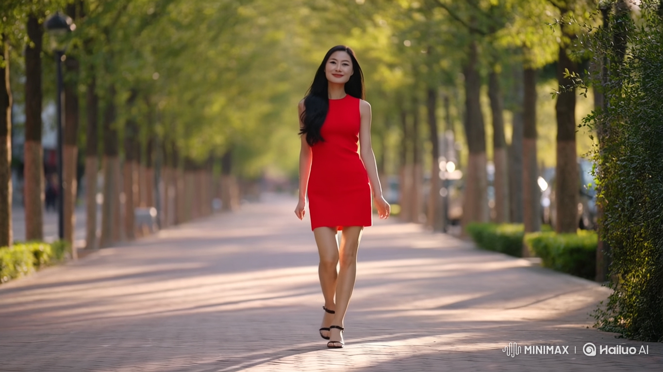 Asian Woman in Red Dress Walks Through Urban Path