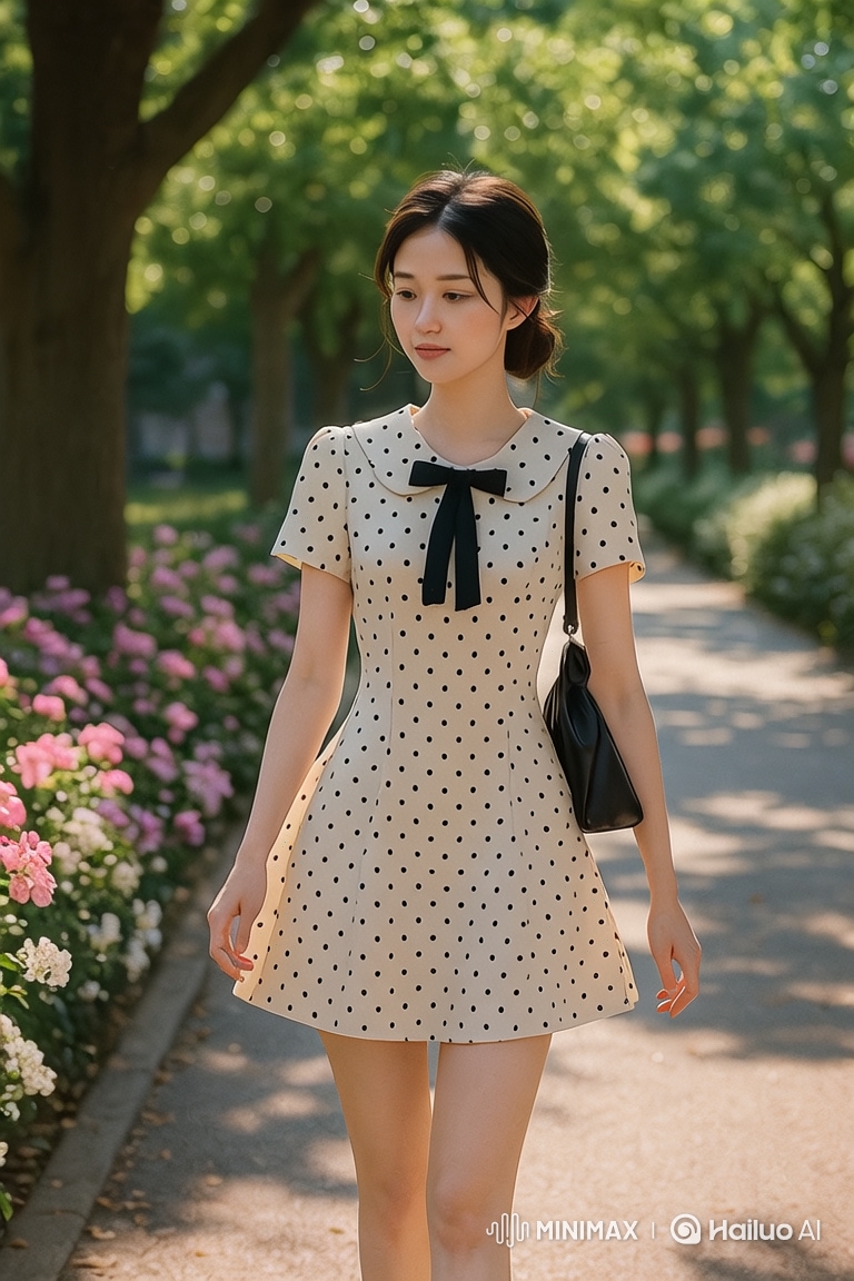 Asian Woman in Cream Dress Walks with Grace