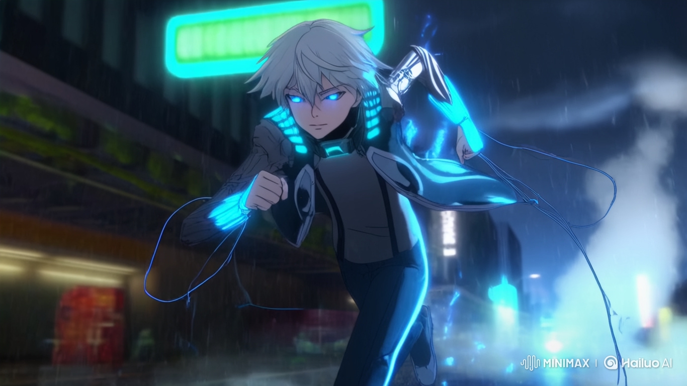 Futuristic Hybrid Boy Sprints and Flies Through Cyberpunk City