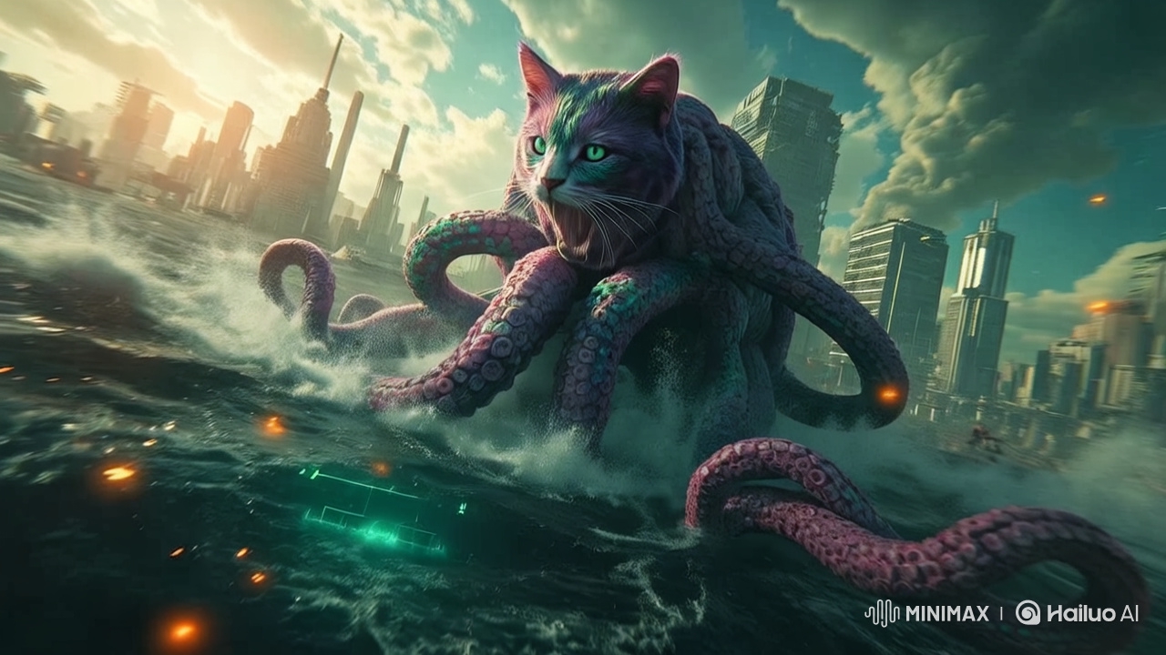 Futuristic Cat-Octopus Hybrid in War-Torn City Chase