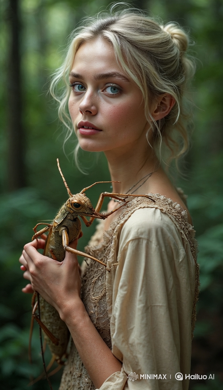 Young Woman Observes Insect's Climb on Her Dress