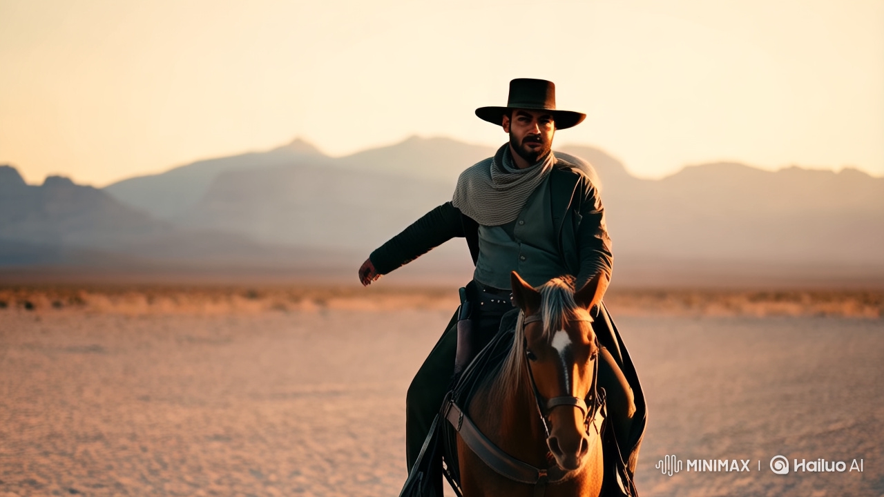 Epic Western Cowboy Rides Into Golden Hour Desert Dusk