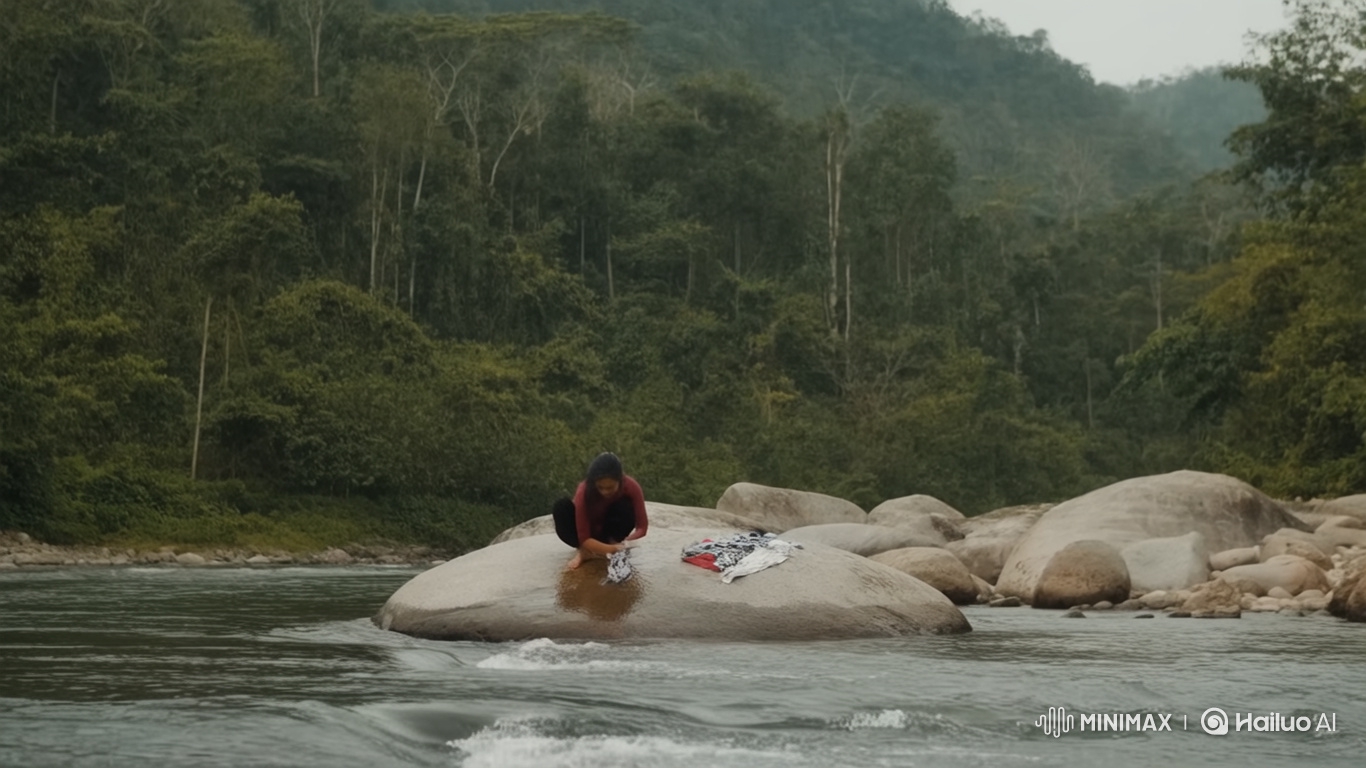 Woman Washing Clothes by a Mountain River