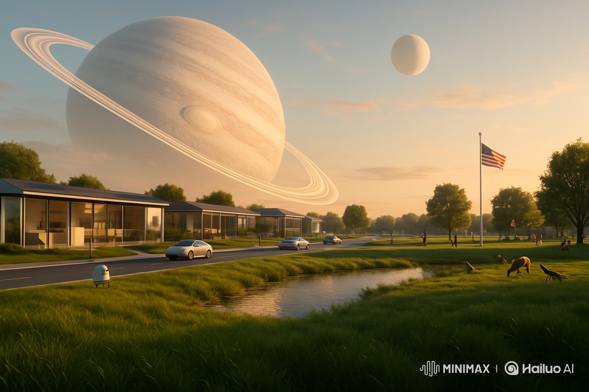Alien Suburbia: Serene Landscape with Futuristic Life