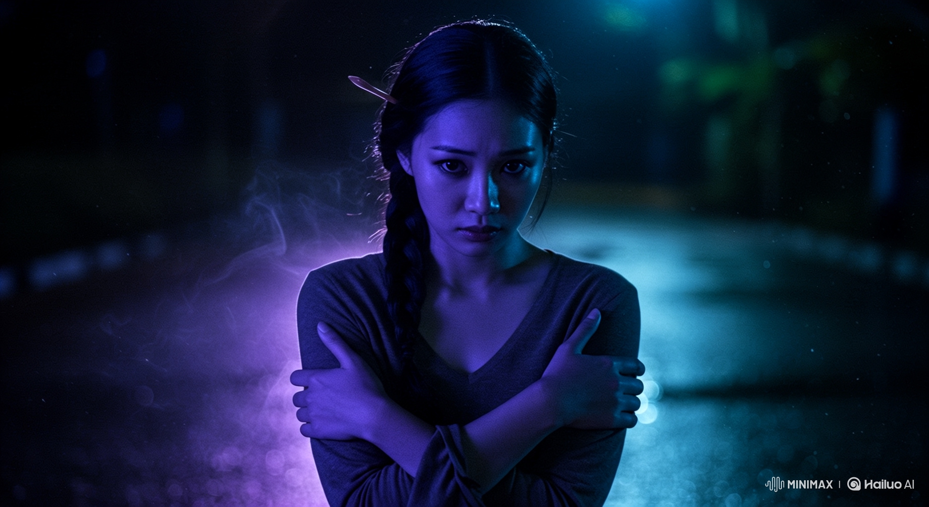 Young Woman Stands Resolute on Urban Path at Night