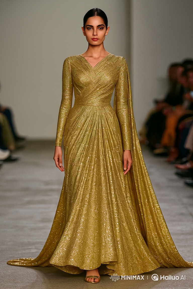 Stunning Model Struts in Sparkling Gown on Fashion Runway