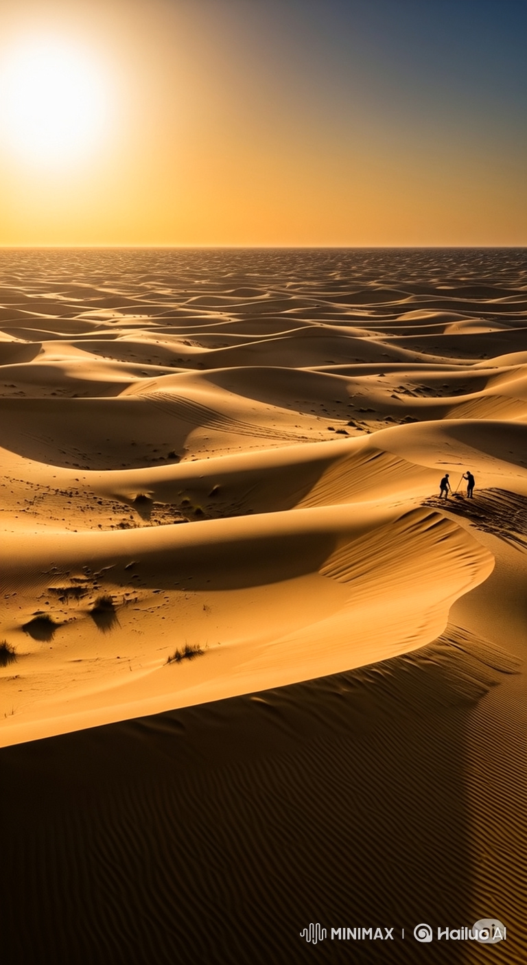 Aerial Shot of Golden Desert with Silhouetted Figures