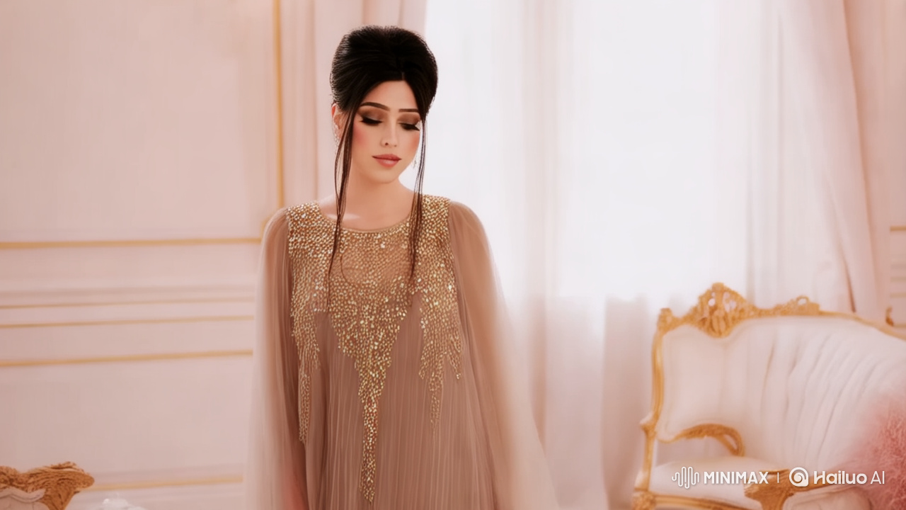 Elegant Woman Showcases Luxurious Chiffon Dress in Sophisticated Setting