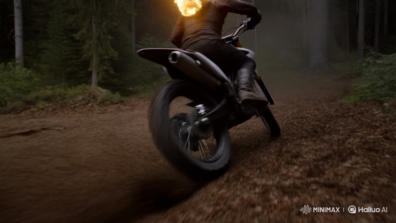 Burning Helmet Biker Evades Mythical Monster in Forest Chase