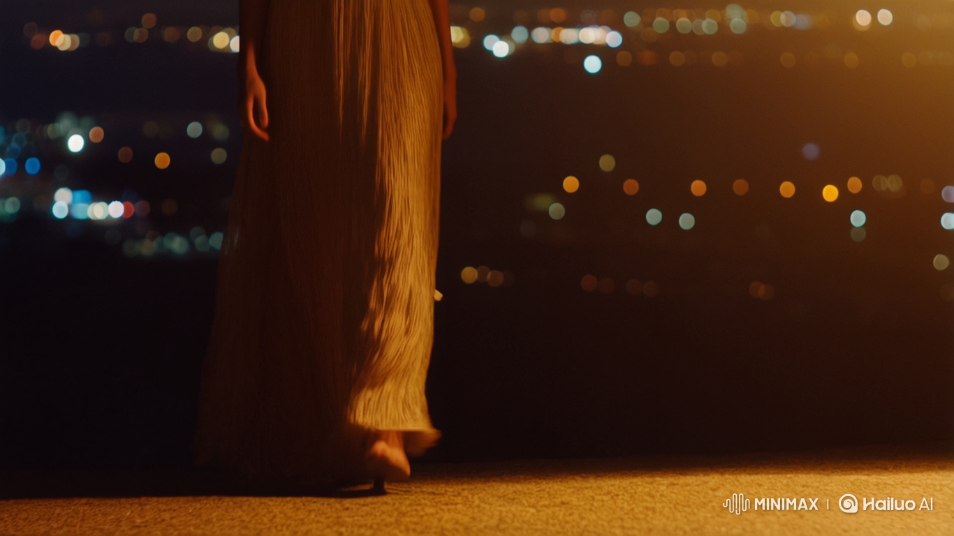 Nighttime Stroll: Woman in Elegant Dress Amid City Lights