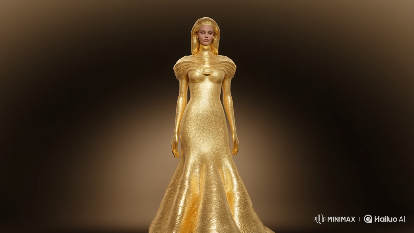 Elegant Woman in Radiant Gold Evening Gown