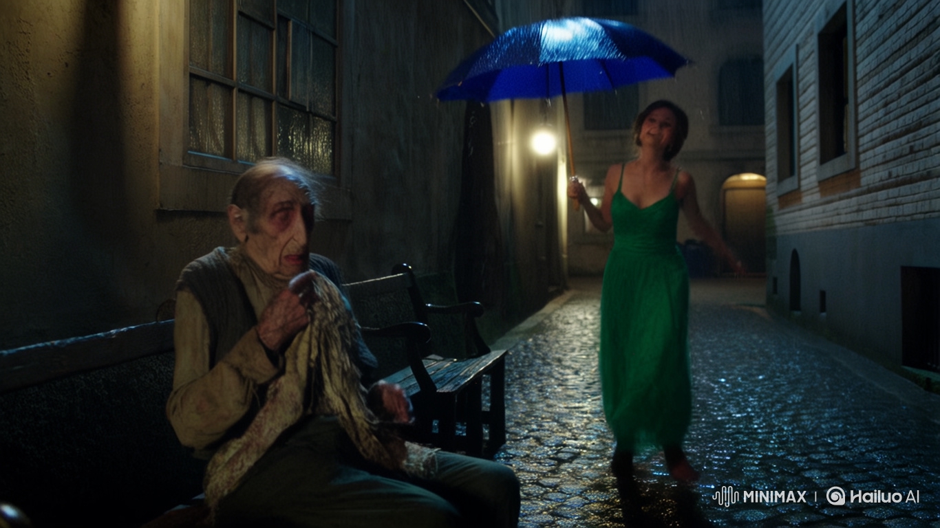Woman in Green Gown Embraces Elderly Man in Rain