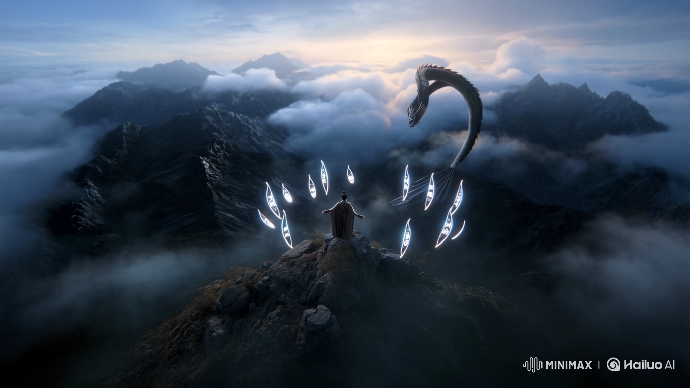 Ancient Cultivator Summons Swords to Face Dragon on Misty Peaks