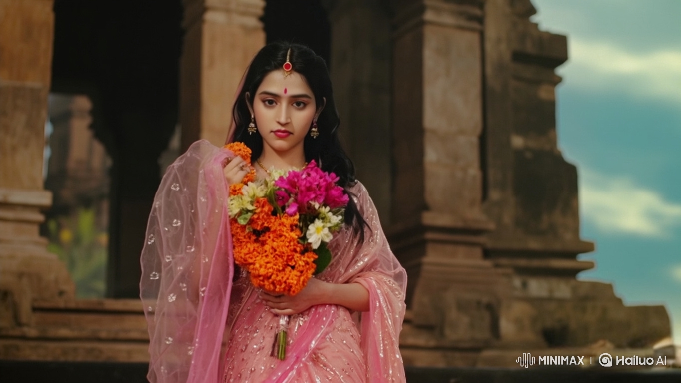Young Woman in Ornate Dress Descends Temple Steps