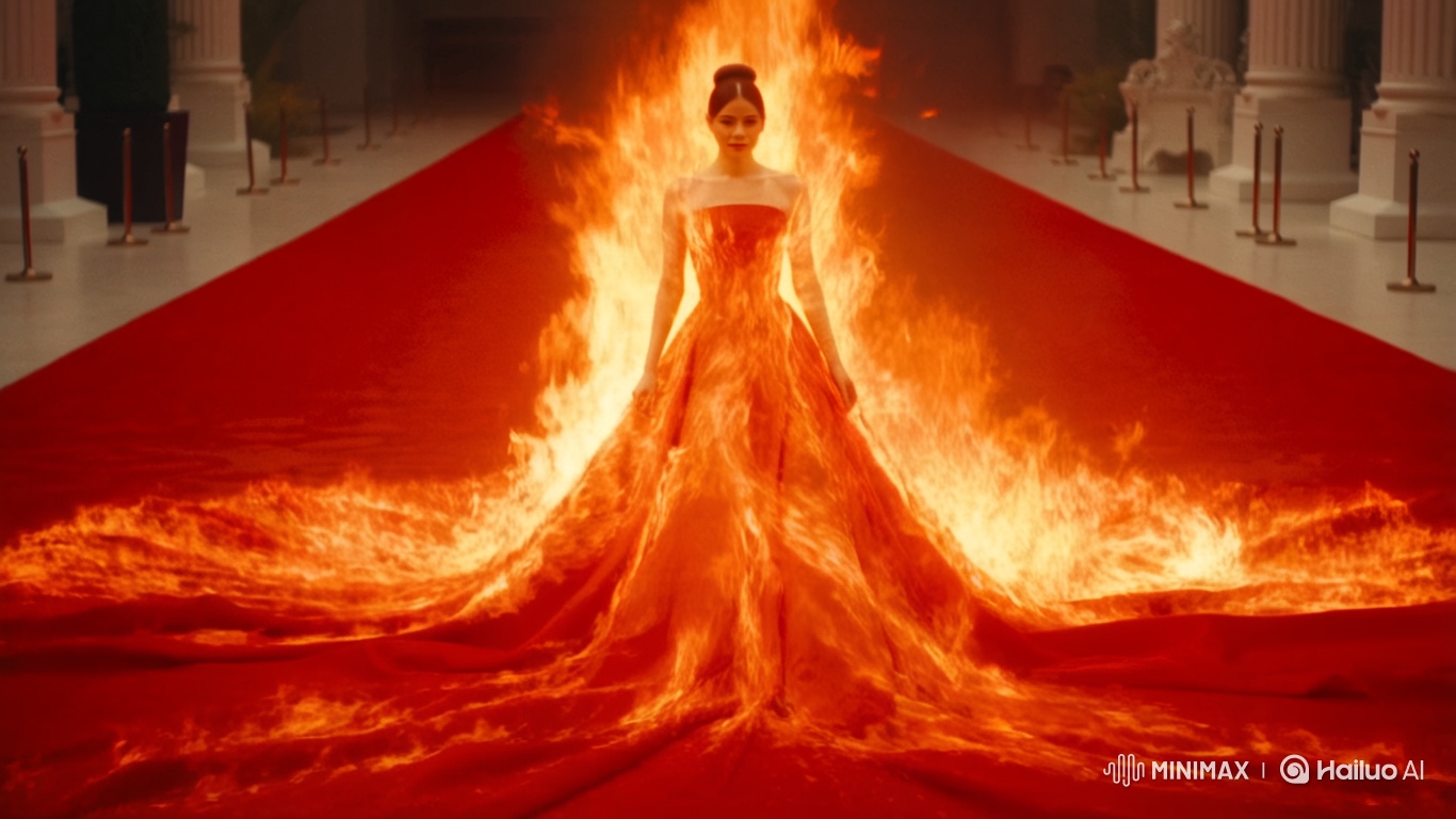 Woman in Flamboyant Fire Gown Stuns on Red Carpet