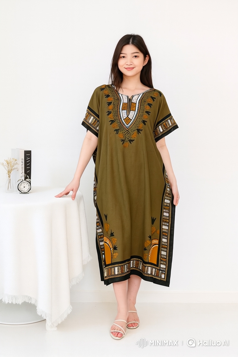 Young Woman Showcases Comfortable Olive Green Dress