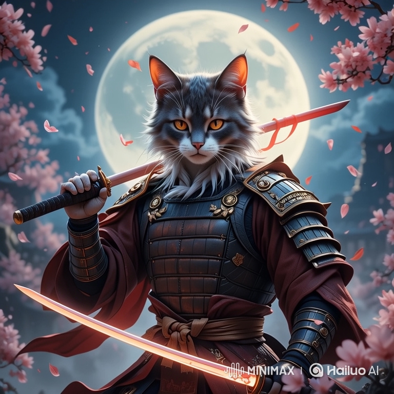 Majestic Cat Warrior in Nocturnal Cherry Blossom Scene