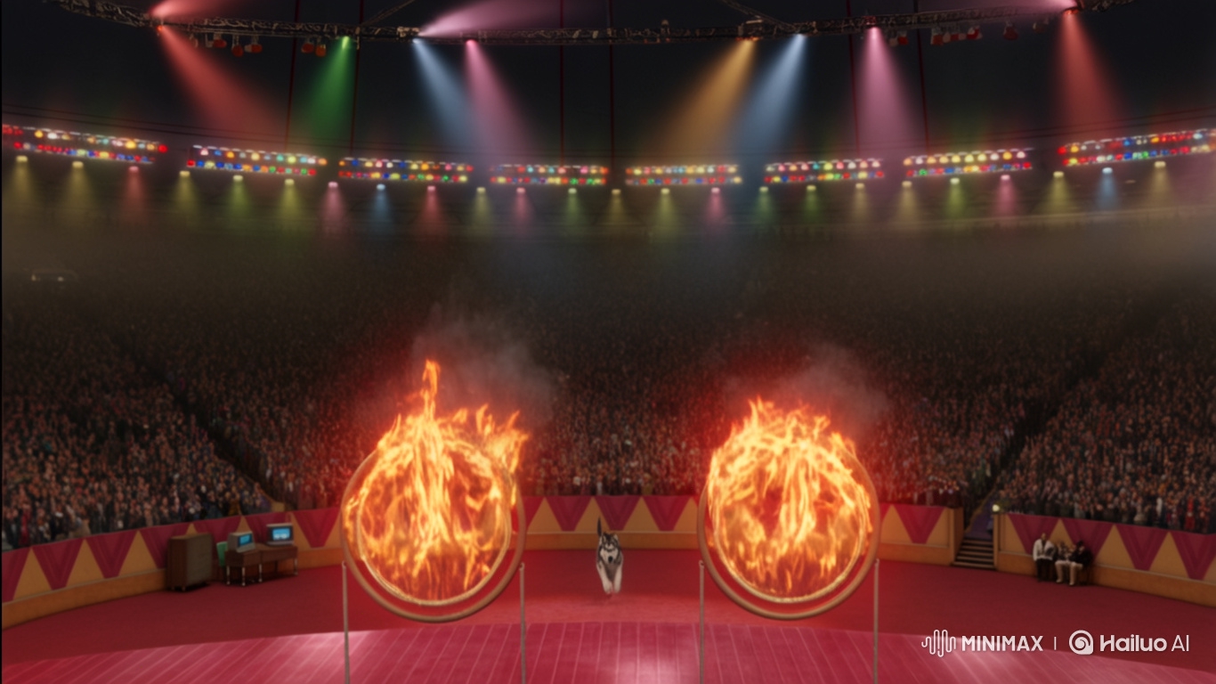 Husky Dog Jumps Through Flaming Rings at Circus