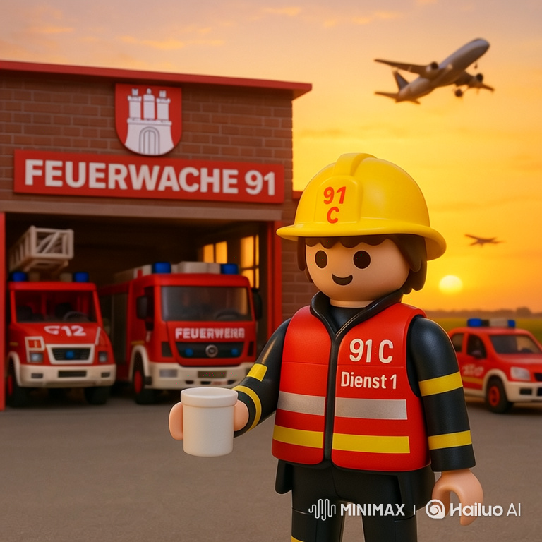 Playmobil Firefighter Enjoying Coffee at Sunrise