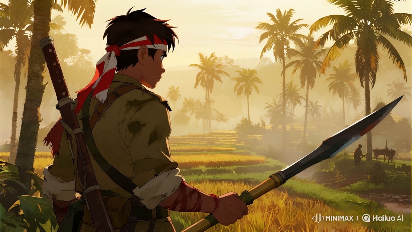 Warrior's Vigilant Walk Through Golden Rice Fields at Dawn