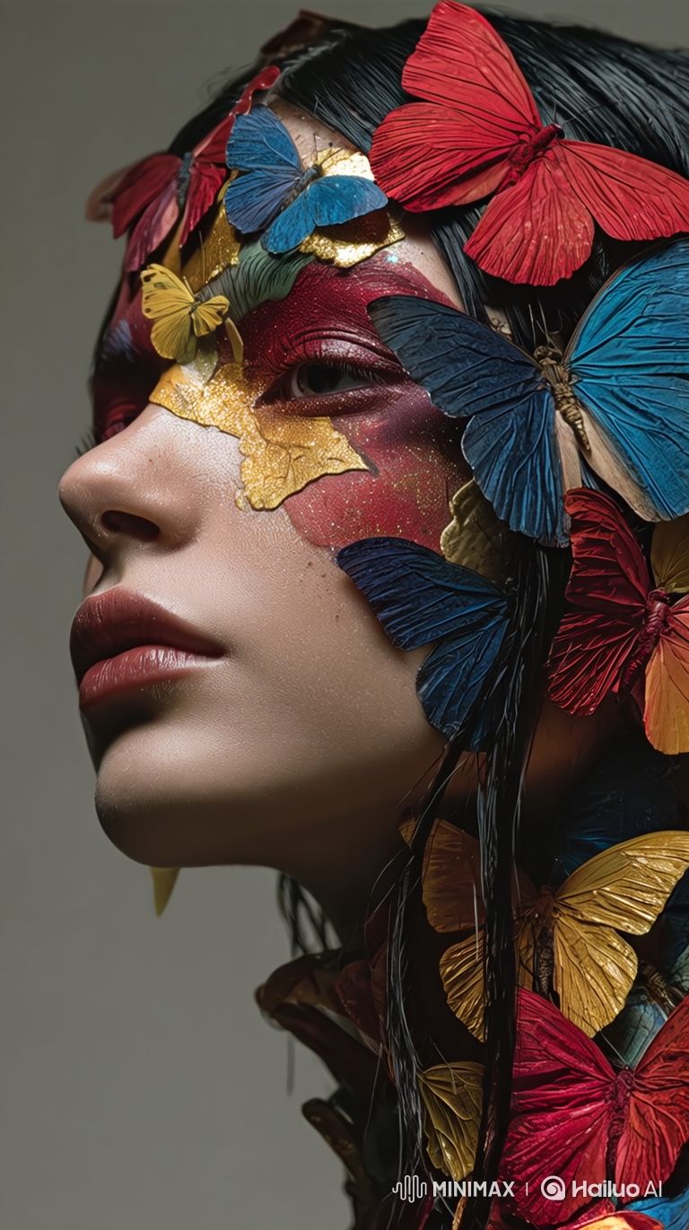 Woman Transformed by Fluttering Butterflies in Makeup Art