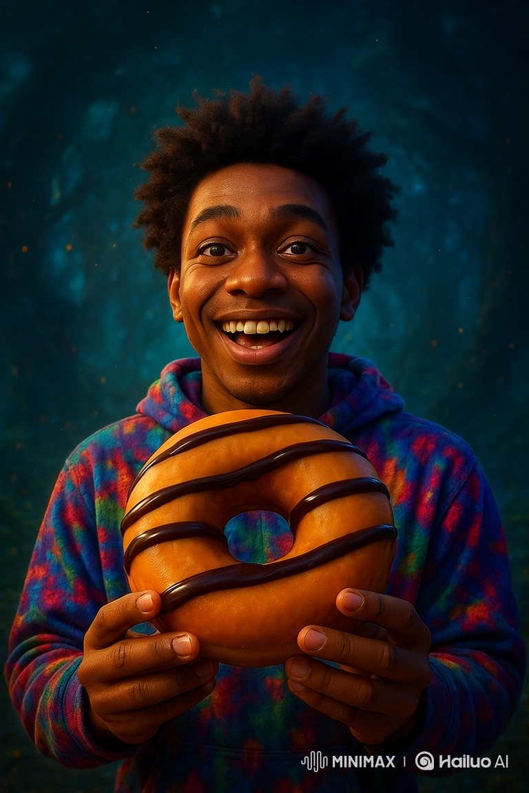 Joyful Person Enjoys Giant Glazed Donut in Enchanted Forest Setting