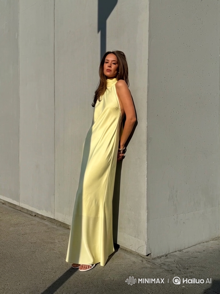 Woman in Yellow Dress Walks Gracefully in Sunlight