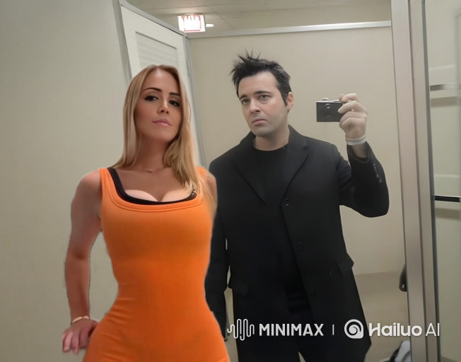 Man Adjusts Woman's Dress in Mirror Reflection