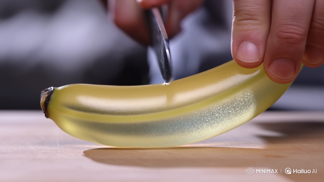 Transparent Glass Banana Sliced in Cinematic Slow-Motion